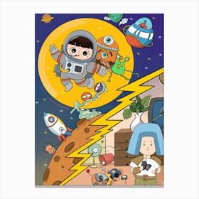 Astronaut Moon Monsters Spaceship Universe Space Cosmos Canvas Print