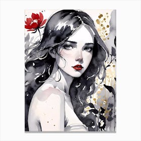 Selective Colour Portrait Of A Gorgeous Girl With Red Flower Canvas Print