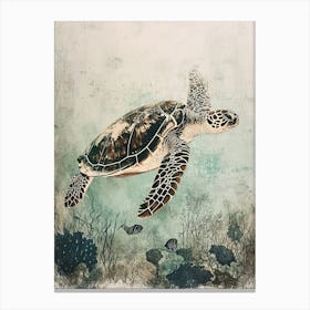 Vintage Illustration Of A Turtle Exploring The Ocean Canvas Print