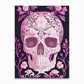 Skull With Floral Patterns Pink Line Drawing Canvas Print
