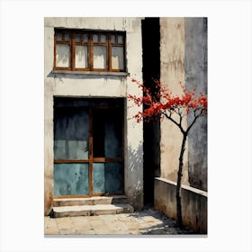 Red Tree In Front Of A Building Canvas Print