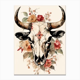 Vintage Boho Bull Skull Flowers Painting (24) Canvas Print