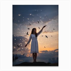 Girl With Birds In The Sky Canvas Print