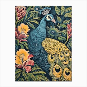 Blue Mustard Peacock With Tropical Flowers Linocut Inspired 2 Canvas Print