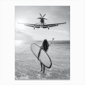 Hang Loose - Aircraft Coming in For Landing - Surfboard Beach Girl Canvas Print