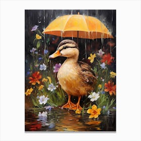Duck With An Umbrella & Flowers Painting 3 Canvas Print