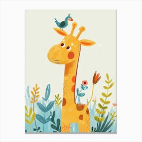 Small Joyful Giraffe With A Bird On Its Head 14 Canvas Print
