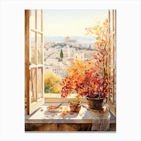 Window View Of  Athens Greece In Autumn Fall, Watercolour 3 Canvas Print