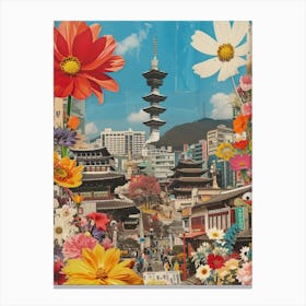 Seoul   Floral Retro Collage Style 4 Canvas Print