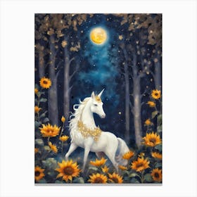 Blessed Lammas - Lucky White Unicorn - Pagan Fae Creatures by Sarah Valentine with Sunflowers and Full Moon Canvas Print