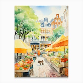 Food Market With Cats In Amsterdam 2 Watercolour Canvas Print