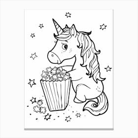 Unicorn Eating Popcorn Black & White Doodle Canvas Print