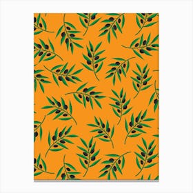 Scattered Olive Branches Black Olives on Bright Orange Canvas Print