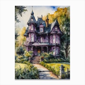 The Witches House ~ New England Victorian Gothic Mansion Witchy Watercolour Canvas Print