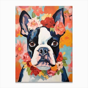 Boston Terrier Portrait With A Flower Crown, Matisse Painting Style 1 Canvas Print
