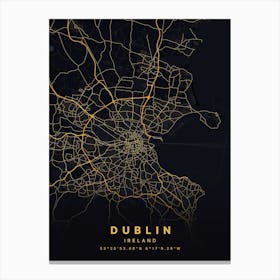 Dublin Ireland Black And Gold Map Canvas Print