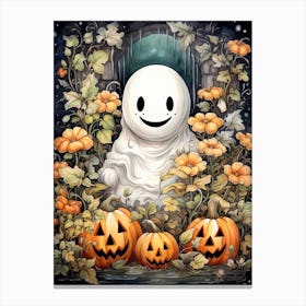 Cute Bedsheet Ghost, Botanical Halloween Watercolour 81 Canvas Print