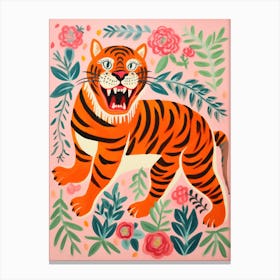 Tiger On Pink With Flowers Canvas Print