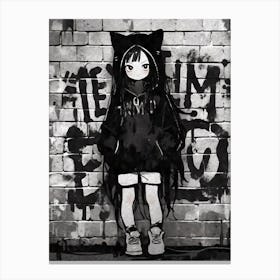 Kawaii Aesthetic Monochrome Nekomimi Anime Cat Girl Urban Graffiti Style 1 Canvas Print