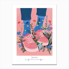 Step Into Spring Illustration Pink Sneakers And Flowers 4 Canvas Print