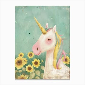 Relaxed Pastel Unicorn In A Sunflower Field Canvas Print