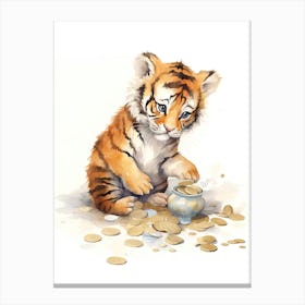 Tiger Illustration Collecting Coins Watercolour 4 Canvas Print