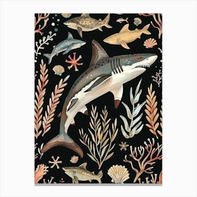 Largetooth Cookiecutter Shark Seascape Black Background Illustration 3 Canvas Print
