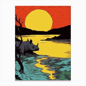 Linework Illustration With Rhino By The Sunset 2 Canvas Print