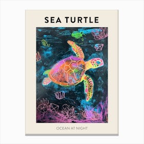Neon Sea Turtle In The Sea At Night Poster 1 Canvas Print
