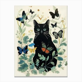 Cat Print Vintage Butterflies Illustration Black Cat Funny  Canvas Print