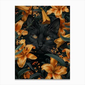 Black Cat In Lilies 1 Canvas Print