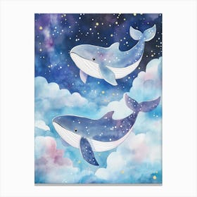 Watercolor, Cute And Dreamy, Baby Whales Swimming In The Clouds Canvas Print