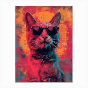 Cat In Sunglasses, Abstract Collage In Monoprint Splashed Colors Canvas Print