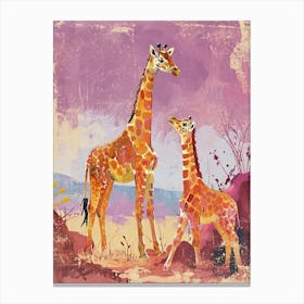 Mother Giraffe & Calf Lilac Portrait Canvas Print