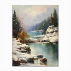 Ancient landscapes, old winter oil paintings and rocks around the lake bank. Snow is falling on the lake, old colors.4 1 Canvas Print