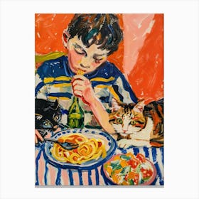 Portrait Of A Boy With Cats Having Pasta 4 Canvas Print