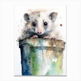 Light Watercolor Painting Of A Possum In Trash Can 2 Canvas Print