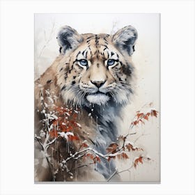 Snow Leopard, Japanese Brush Painting, Ukiyo E, Minimal 2 Canvas Print