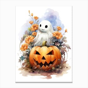 Cute Ghost With Pumpkins Halloween Watercolour 123 Canvas Print