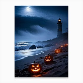 Jack O Lanterns Emanating Ethereal Glow Arrayed On A Shadowy Beach Misty Coastal Backdrop Myster (2) Canvas Print