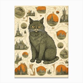 Grey Cat With Gothic Medieval Castles Canvas Print