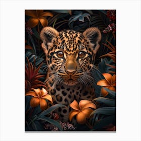 A Happy Front faced Leopard Cub In Tropical Flowers 9 Canvas Print
