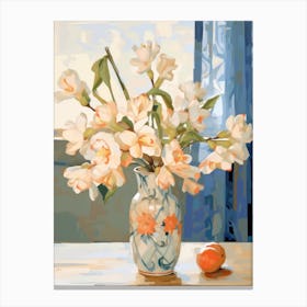 Freesia Flower And Peaches Still Life Painting 2 Dreamy Canvas Print