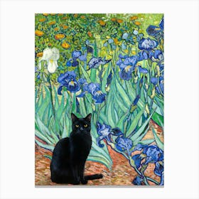 Black Cat Amongst Van Gogh Irises Art Print - Iris Flowers Funny Cat Like Monet in HD Canvas Print