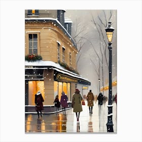 Paris cafes, winter season, Christmas, autumn oil colors, pale colors, pedestrians in the street, winter clothes, falling snow.Christmas decorations.12 2 Canvas Print