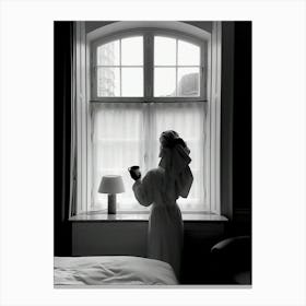 Woman Drinking Coffee In Window Canvas Print