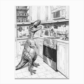 Dinosaur In The Kitchen Black & White Sketch Canvas Print