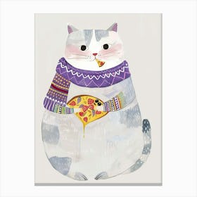 Happy Grey And White Cat Pizza Lover Folk Illustration 3 Canvas Print