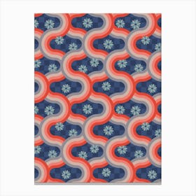 KYOTO Japanese Retro Wavy Geometric Stripes and Flowers in Traditional Palette Rust Red Blush Gray on Blue Checkerboard Canvas Print