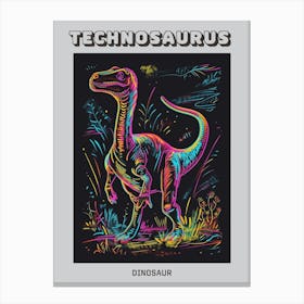 Neon Rainbow Dinosaur Line Illustration With Black Background 2 Poster Canvas Print